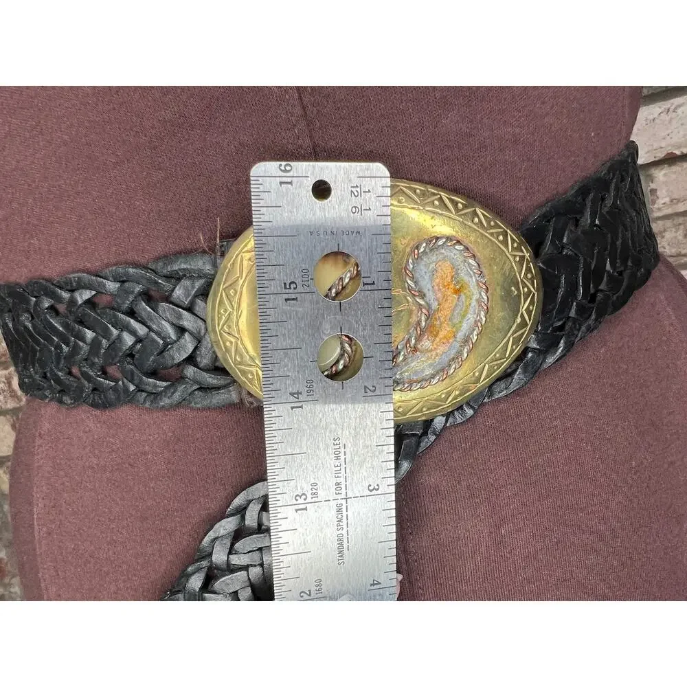 belt split leather black braided goldtone buckle stone western